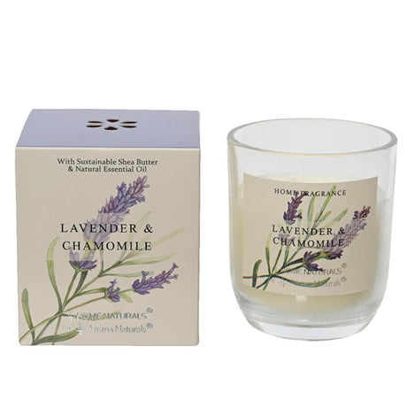 Decoris-Duftkerze im Glas, Lavendel und Kamille, 20 % Sheabutterwachs, Durchmesser 7,8 x 9 cm, 20 Brennstunden