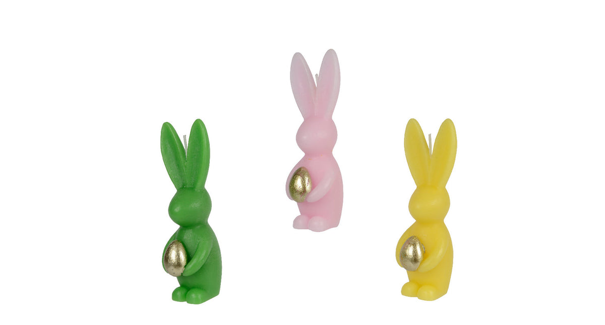 Kaars konijn paraffine 3col ass d4,4 h13cm groen roze geel