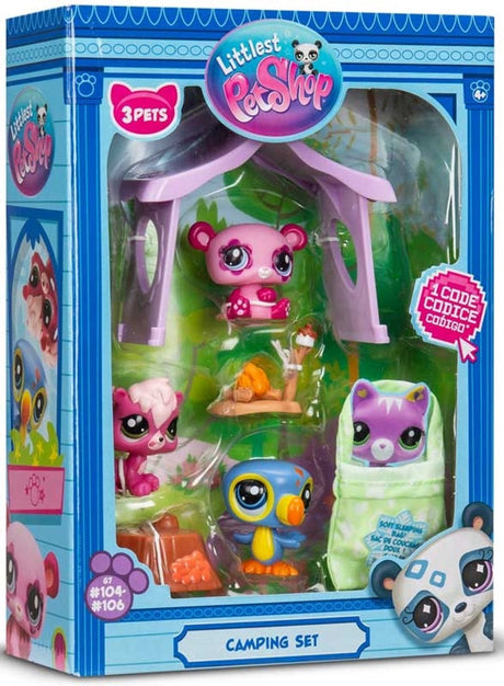 Bandai Littlest Pet Shop – Camping-Set mit 3 Tieren und Zubehör – Littlest Pet Shop LPs Panda Eichhörnchen Tukan – Mini-Spielzeugset mit süßen Tierfiguren – Spielzeug für Kinder ab 4 Jahren – BF00574