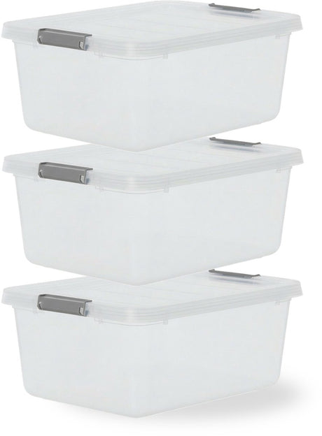 Iris storage opbergbox met clips - 12.5l - stapelbaar - kunststof - transparant grijs - set van 3