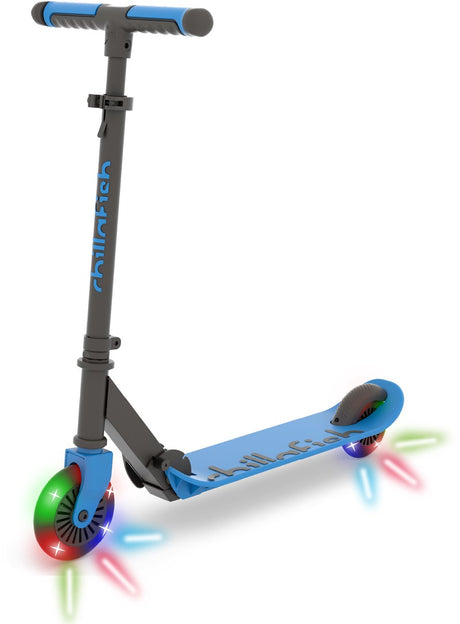 Chillafish Kinderroller für Jungen und Mädchen ab 5 Jahren mit LED-Rädern – Blau – Roller mit verstellbarem Lenker und Fußbremse – faltbar und leicht mit ABEC-5-Rädern – keine Batterien erforderlich – Modell Flexxi Glow
