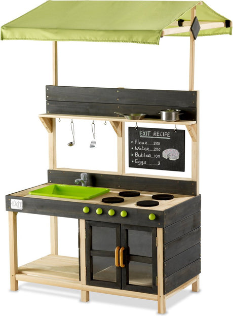 Exit toys exit yummy 300 modderkeuken met echte waterkraan - houten buitenkeuken voor kinderen - speelkeuken met pannetjes - naturel