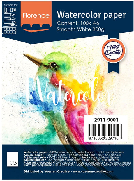 Florence vaessen aquarelpapier - intense white - a6 - 300 grams - gladde structuur - smooth - florence - 100 vellen