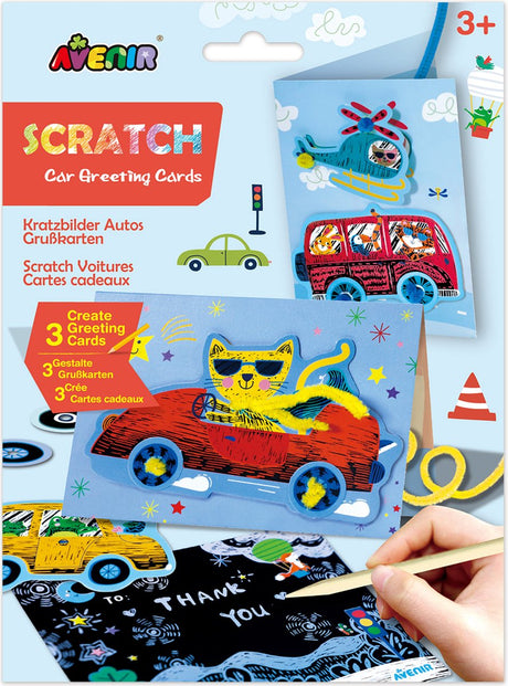 Avenir scratch art wenskaarten - auto's - met enveloppen - 3 stuks - 3 jaar