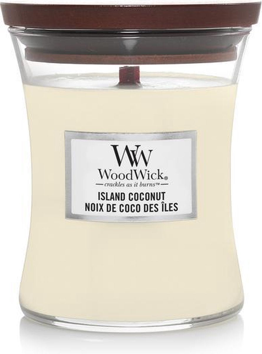 Mittlere Sanduhr-Duftkerze von Woodwick – Inselkokosnuss – 60 Brennstunden