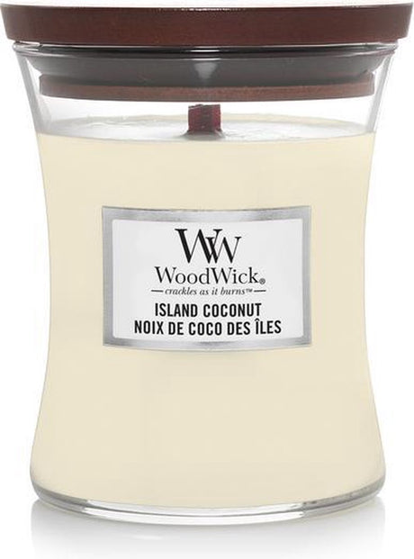 Mittlere Sanduhr-Duftkerze von Woodwick – Inselkokosnuss – 60 Brennstunden