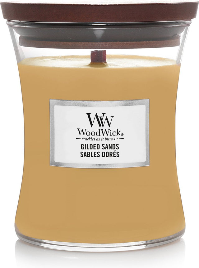 Mittlere Sanduhr-Duftkerze von Woodwick – vergoldeter Sand – 60 Brennstunden