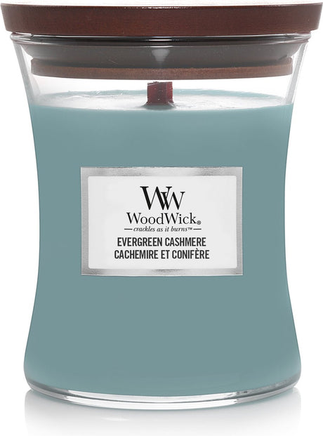 Woodwick hourglass medium geurkaars - evergreen cashmere - 60 branduren