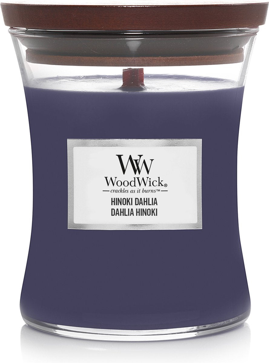 Mittlere Sanduhr-Duftkerze von Woodwick – Hinoki-Dahlie – 60 Brennstunden