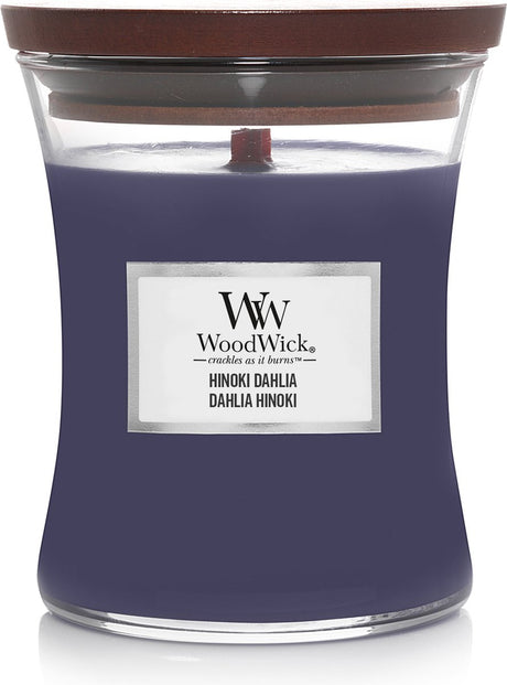 Mittlere Sanduhr-Duftkerze von Woodwick – Hinoki-Dahlie – 60 Brennstunden