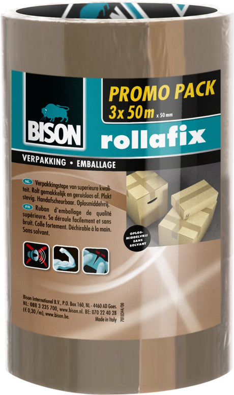 Bison 3 Rollen Rollafix Verpackungsband braun Vorteilspack 50 Meter x 5 cm, von Hand abreißbar, starkes Verpackungsband