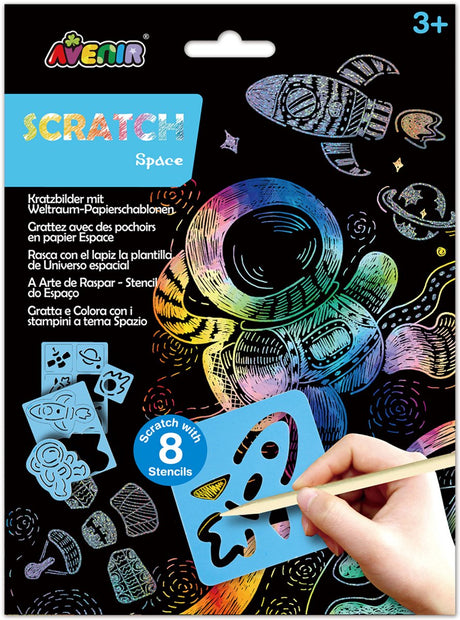 Avenir scratch art - ruimte - 17x23x0,5cm - met 8 sjablonen - 3 jaar