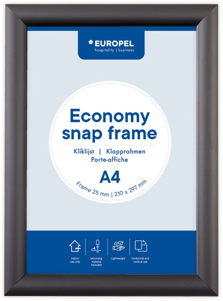 Europel Economy Klickrahmen – Posterrahmen – A4 – 21 x 29,7 cm – 25 mm – Aluminium – Schwarz
