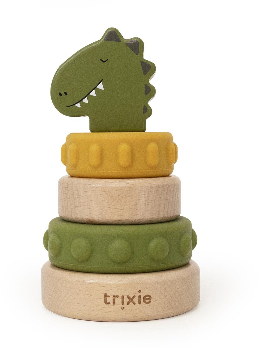 Trixie houten stapeltoren met siliconen ringen mr. dino – sensorisch stapelspeelgoed vanaf 10 maanden