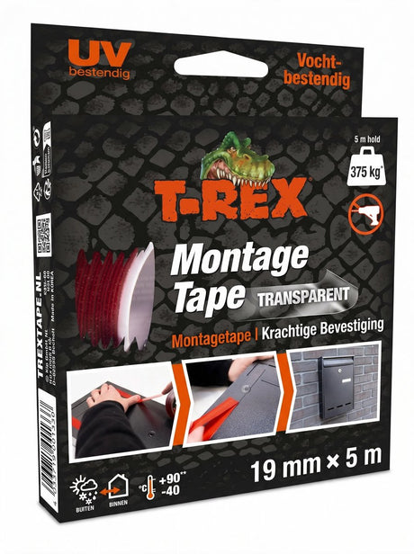 T-Rex-Montageband – extra starkes doppelseitiges Klebeband für die Montage im Innen- und Außenbereich – dauerhafte Befestigung ohne Bohren oder Schrauben – Belastbarkeit bis 375 kg – 19 mm x 5 m