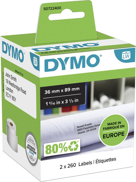 Dymo Original große Labelwriter-Adressetiketten | 36mm x 89mm | 2 Rollen mit je 260 Etiketten (520 selbstklebende Etiketten) | passend für die Labelwriter-Etikettendrucker | Hergestellt in Europa