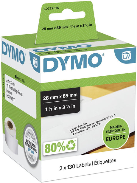 Dymo Original Labelwriter-Adressetiketten | 28mm x 89mm | 2 Rollen mit je 130 Etiketten (260 selbstklebende Etiketten) | passend für die Labelwriter-Etikettendrucker | Hergestellt in Europa