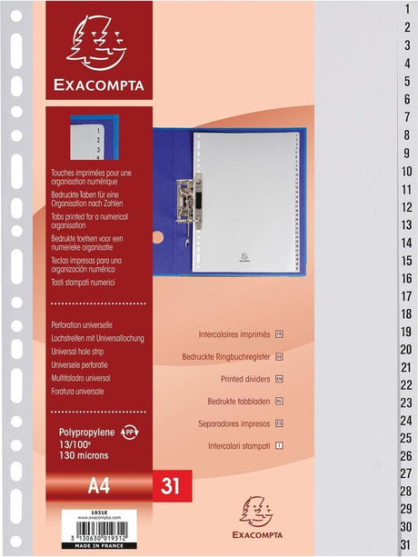 Exacompta tabbladen met bedrukte tabs in gerecycled pp - 31 tabs -1 tot 31 - a4 - grijs - 1931e