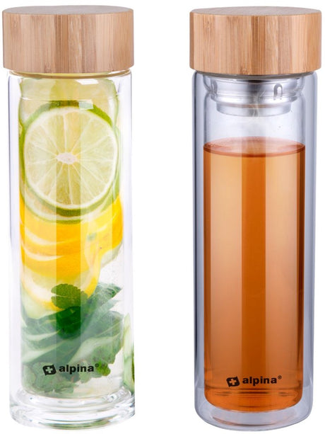 Alpina Glastrinkflasche mit Filter – doppelwandige Wasserflasche 450 ml – Trinkflasche Bambusverschluss und Deckel – Teeflasche mit Teefilter