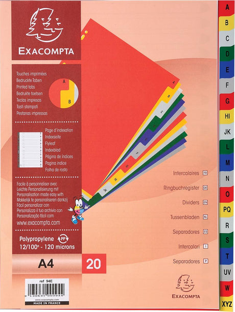 Exacompta Register für ft A4, von PP, von A bis Z, 20 Register, mit Registerblatt, farbig sortiert