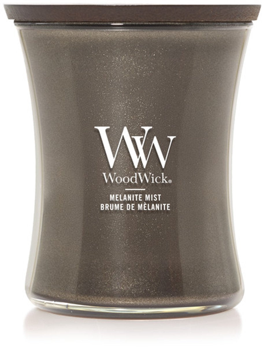 Mittlere Sanduhr-Duftkerze von Woodwick – Melanit-Nebel – Anthrazit – 60 Brennstunden