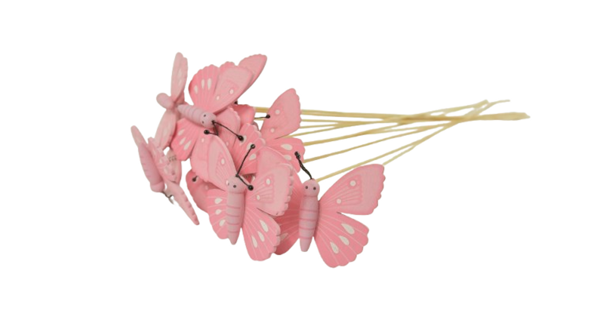 Pak á 10 vlinder roze hout op 50cm stok