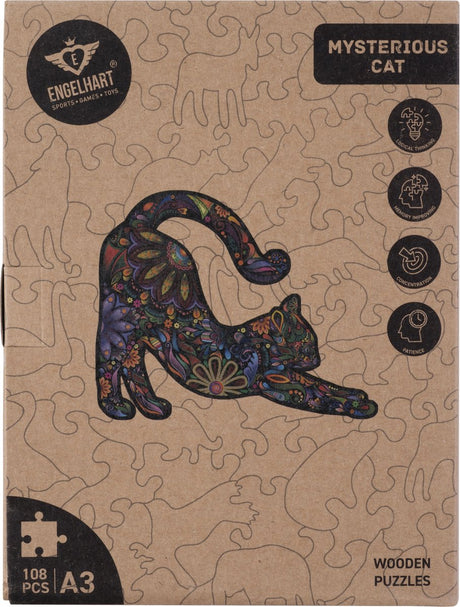 Engelhart houten puzzel kat – 108 unieke puzzelstukjes – a3 formaat grote houten legpuzzel – dieren puzzelspel – compact en ontspannend denkspel – inclusief opbergetui –