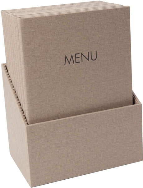 Sigel sm208 menumappen a4 - set: 10 stuks met gratis opbergdoos - rubberen band, beige met linnenstructuur, duurzaam en gemakkelijk schoon te maken