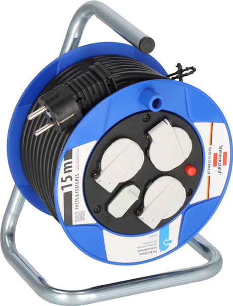 Brennerstuhl garantiert kompakte Kabeltrommel 3-fach mit USB für den Innenbereich (Indoor-Kabeltrommel mit USB-Ladefunktion und 15 m Kabel, hergestellt in Deutschland) blau