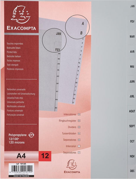 Exacompta-Tabs mit bedruckten Tabs aus recyceltem PP – 12 Tabs – Januar Dezember – A4 – Grau – 1812e