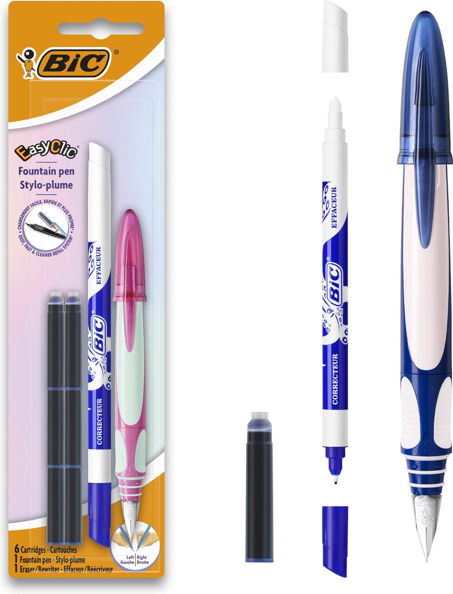 Ergonomischer Füllfederhalter Bic Easy Clic – Rosa oder Blau – Rechts- oder Linkshänder – 1 Füllfederhalter mit Tintenlöscher und 6 Tintenpatronen