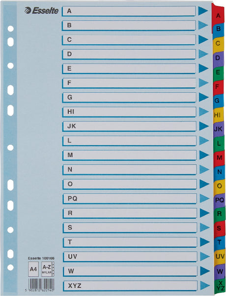 Esselte Register A4 – Register A–Z – Karton mit Mylar-Verstärkung – 11 Löcher – mehrfarbig