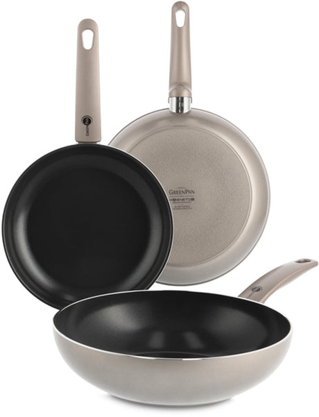 Greenpan cambridge bronze pannenset 3-delig - koekenpan 24 cm + 28 cm + wokpan 28 cm - pfas-vrije antiaanbaklaag - inductie pannenset - ovenbestendig tot 180°c - koudgrepen - zonder deksel - brons