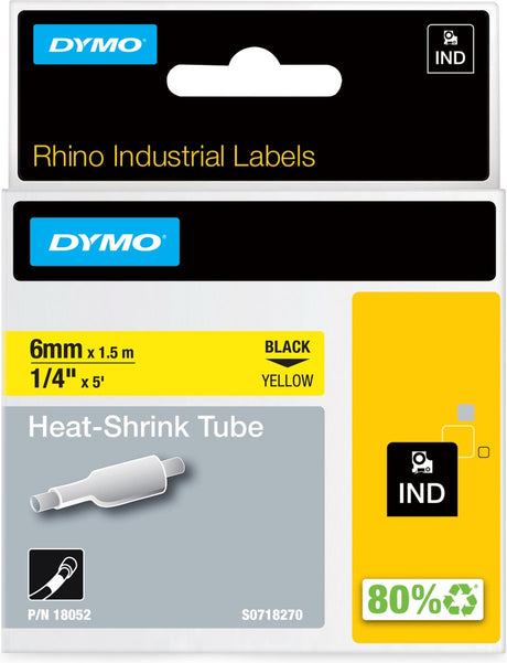 Dymo Rhino industrielle Schrumpfschlauchetiketten | 6mm x 1,5m | schwarzer Druck auf gelb | für Rhino-Etikettendrucker