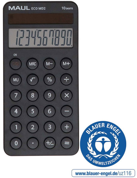 Maul zakrekenmachine eco md 2 lcd-scherm 1-regelig, 10 cijfers solar 14.7 x 7.2 x 1.2 cm zwart