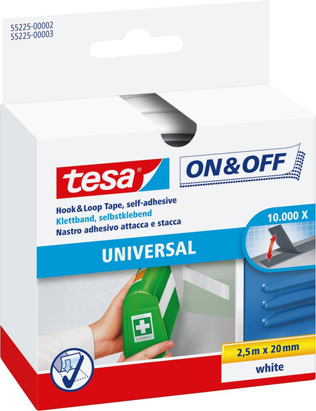 Tesa Klettverschluss selbstklebend zum Befestigen von leichten Gegenständen – weiß 2 cm x 250 cm