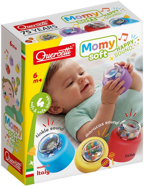 Quercetti weiche Bausteine ​​Babyspielzeug mit Sound 4-teilig sensorisch.