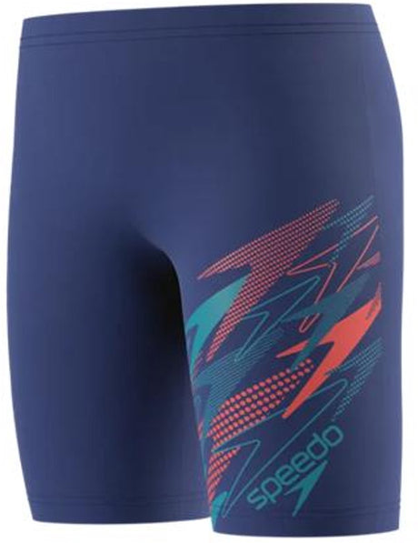 Speedo medley logo jammer jongens - lange zwembroek jongens met v-cut-voering - zwemshort jongens met trekkoord - sportzwembroek kids met vormvaste pasvorm - blauw blauw - 176