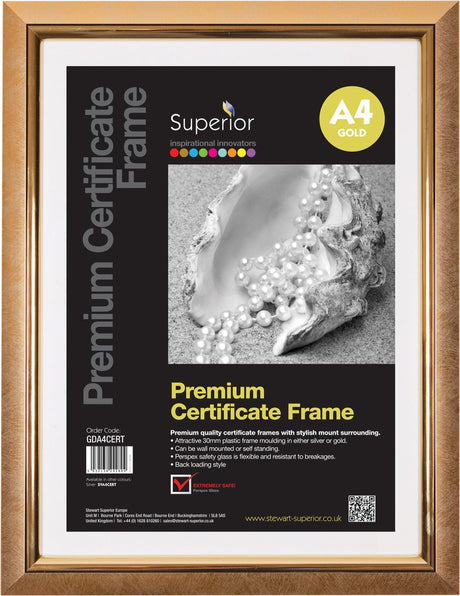 Seco Fotorahmen – A4 – 21 x 29,7 cm – Gold – 30 mm Rahmen – se-gda4cert