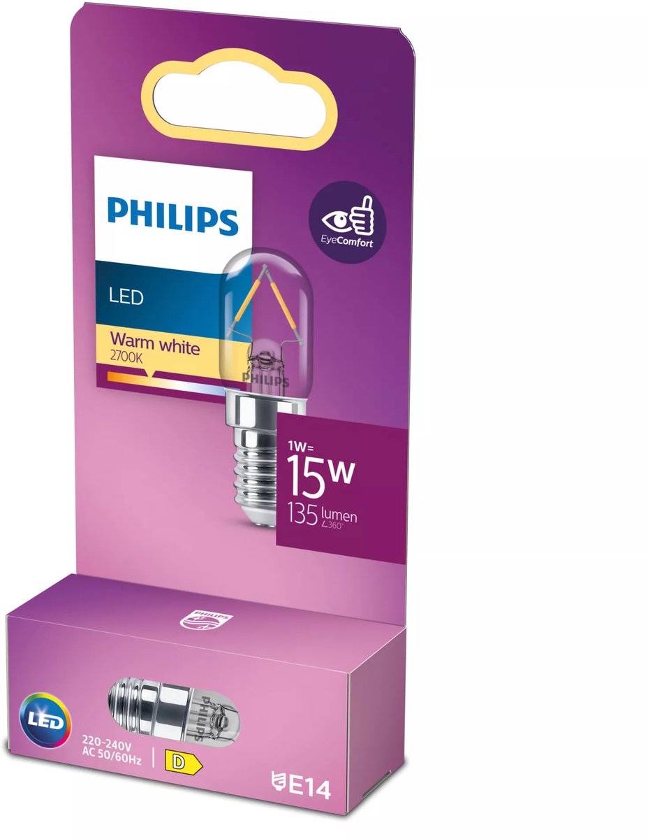 Philips led lamp - t20 lampvorm - koelkastlampje met e14 fitting - warmwit licht: 2700k - 15w - helder glas