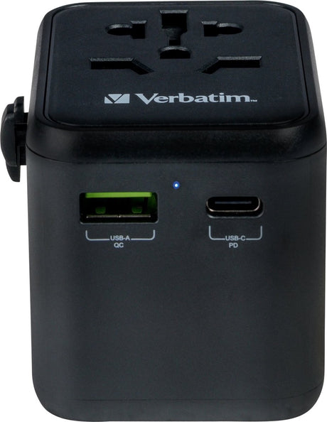 Verbatim Universal-Reiseadapter uta‑02, Steckadapter mit USB-A- und USB-C-Anschluss, Reisestecker für Laptop, Handy, Kamera und Co, weltweit einsetzbar, 100-250 V