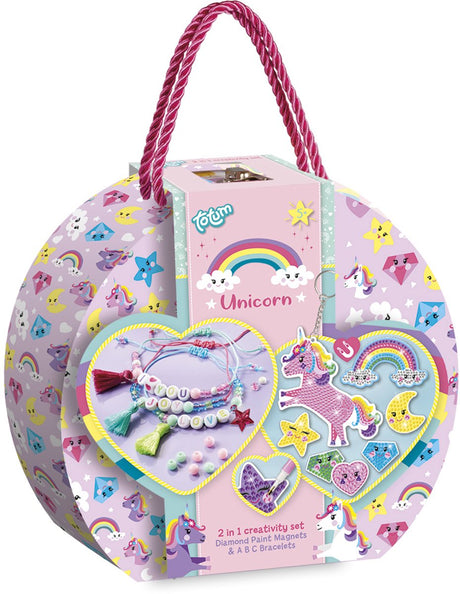 Totum Einhorn 2-in-1 Bastelkoffer – Herstellung von Buchstabenarmbändern und Diamantmalerei-Magneten – 250 Teile – Kinderspielzeug – Basteln – für Mädchen – ab 5 Jahren