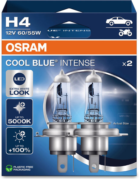 Osram Cool Blue Intense Next Gen H4-Halogen-Autolampen – weißeres Licht und bis zu 100 % mehr Sichtbarkeit – deutsche Qualität – Set mit 2 Lampen – 64193cbn-2hb