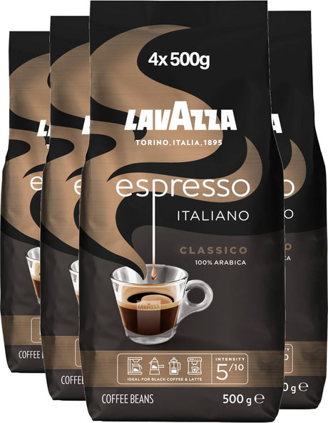 Lavazza Espresso Italiano Classico Kaffeebohnen – 100 % Arabica-Kaffeebohnen – Intensität 5 10 – 4 x 500 Gramm