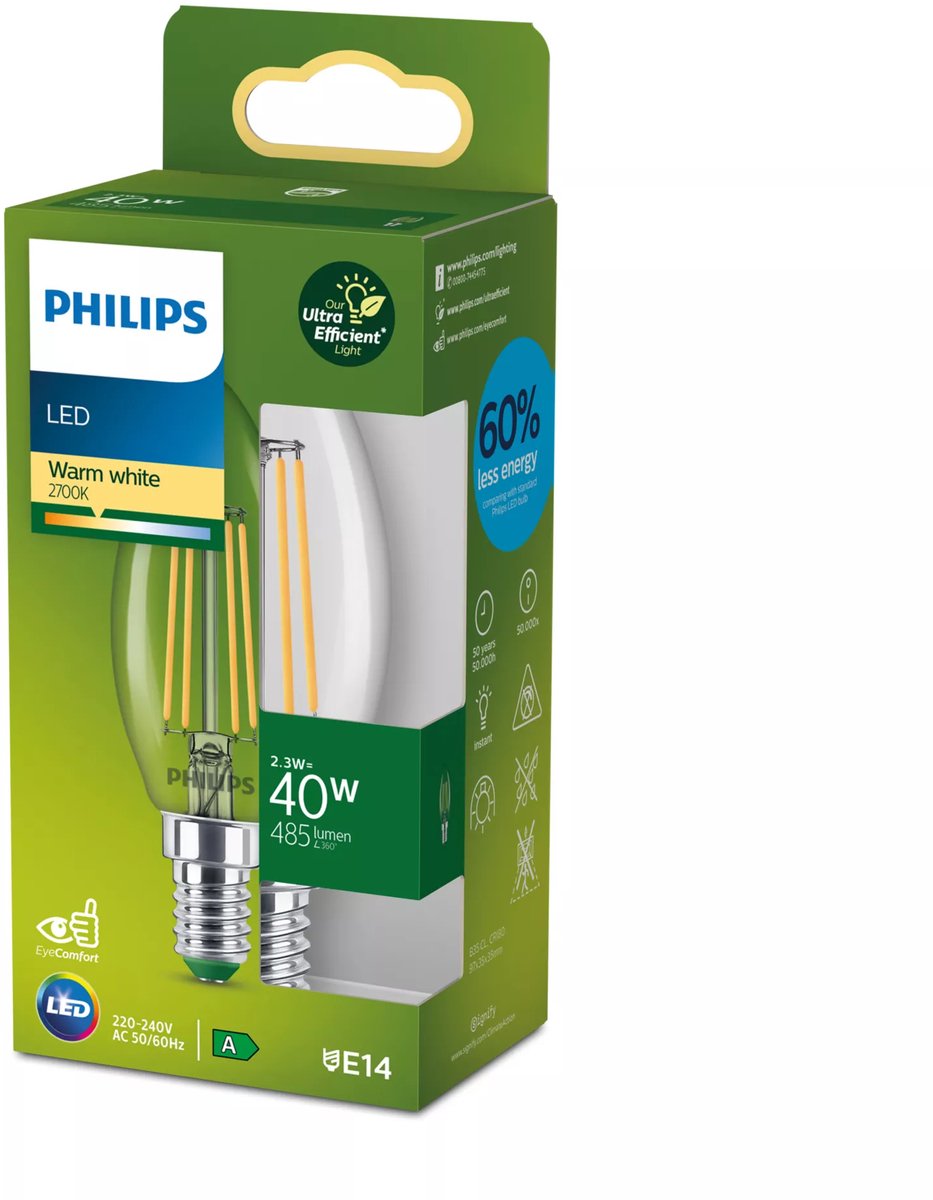 Philips led philips ultra efficient led kaarslamp transparant - 40 w - e14 - warmwit licht - energielabel a