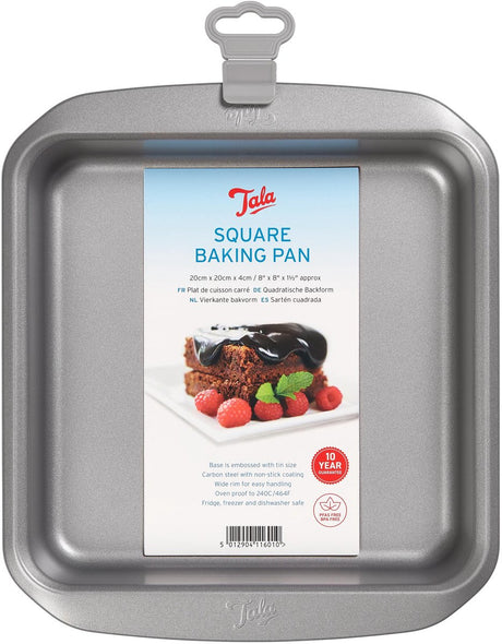 Tala Everyday – Quadratische Backform – 20 x 20 cm – Kohlenstoffstahl – mit Antihaftbeschichtung – breite Griffe stapelbar – für Brownies, Kuchenlasagne – Außengröße 25 x 25 cm