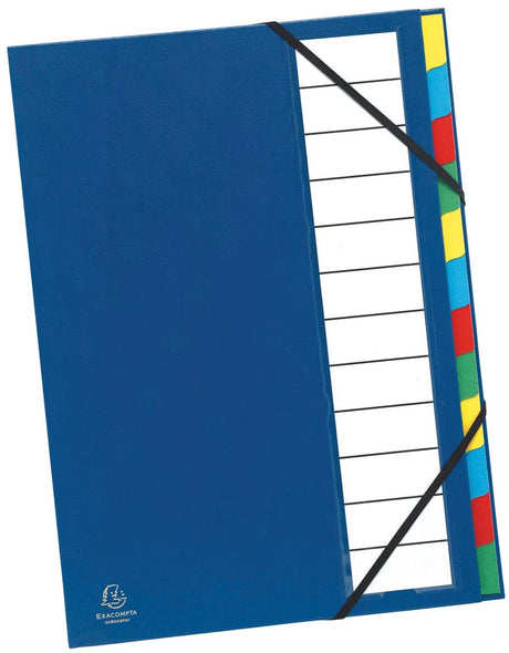 Exacompta Sortiermappe harmonika® ordonator® Sortiermappe mit ausziehbarem Rücken und Elasto-Verschluss – 12 Unterteilungen – Blau – 55342e