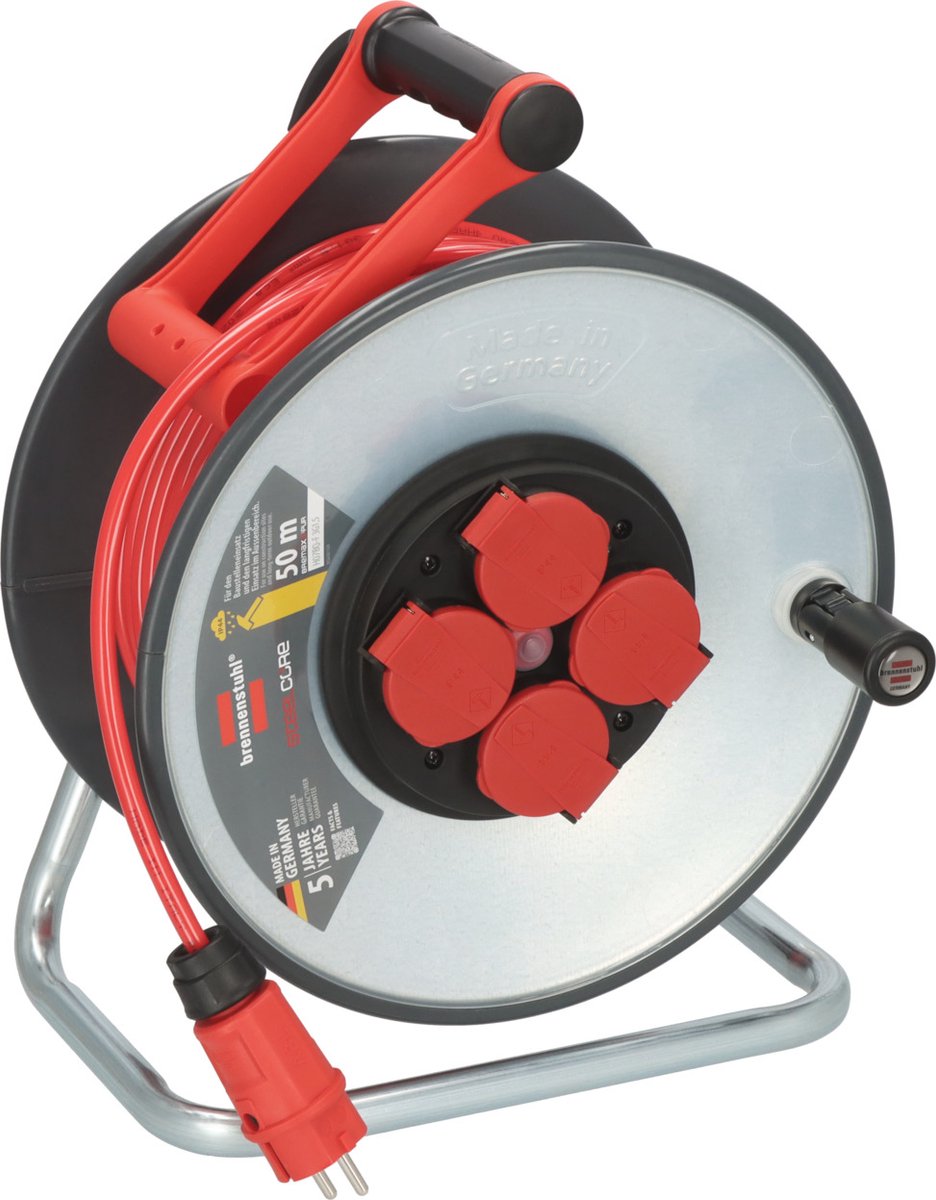 Brennerstuhl Baukabeltrommel 4-fach H07BQ-F 3 x 1,5 mm Stahl IP44 50 Meter – rot 9191500210