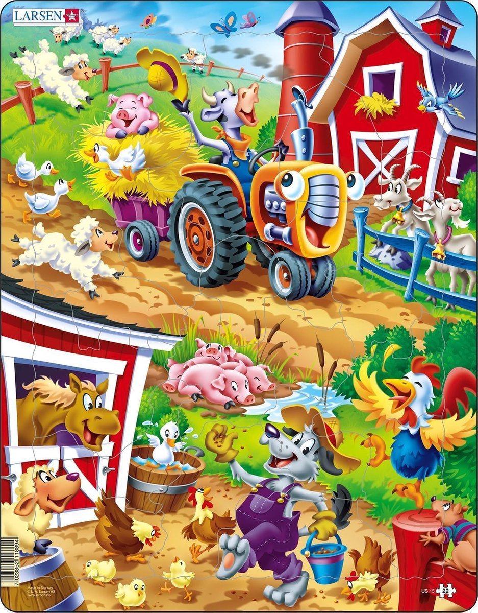 Larsen op de boerderij – puzzel – dieren – boerderij – educatieve legpuzzel voor kinderen – 22 stukjes – gemaakt in noorwegen – extra dikke 2,5 mm stukjes – tray met vaste rand