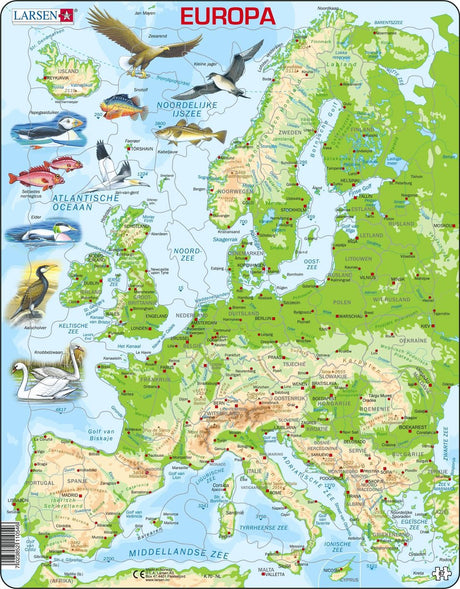 Selecta Larsen Puzzle-Karte Europa – geografisch mit Tieren, 87 Teile.